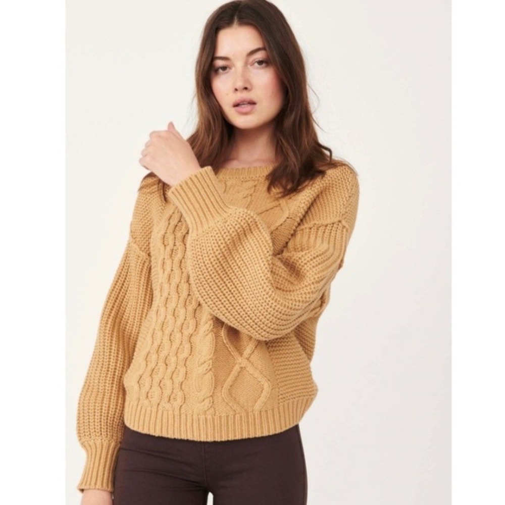 Free People Dream Cable Crew Sweater Camel Tan Balloon Sleeve Medium